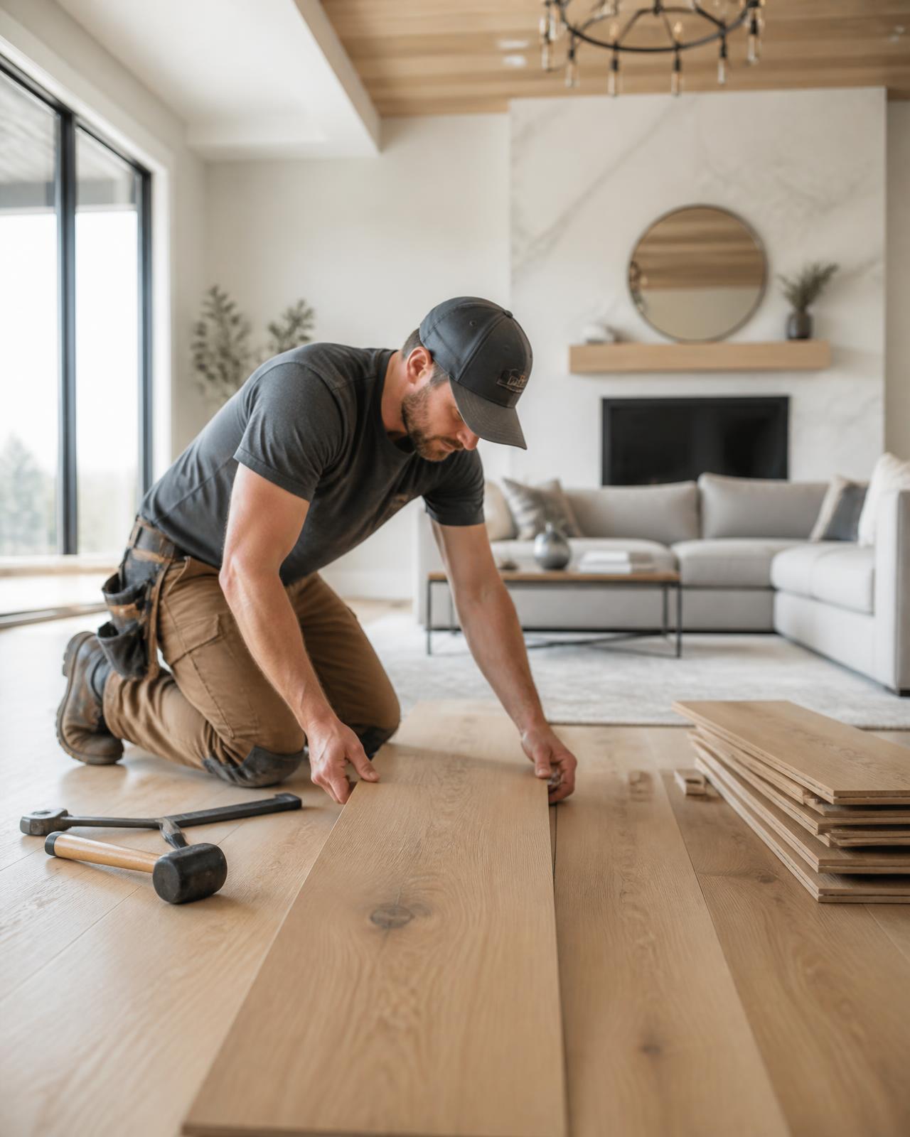 Flooring contractor installing wide-plank hardwood flooring in a modern living room